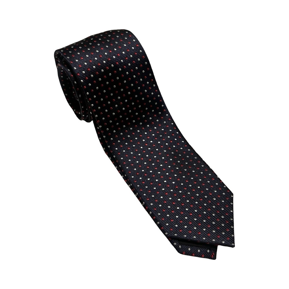 J.Crew Mens Silk Tie Navy Blue Red White Micro Polka Dot Necktie Classic CA56445